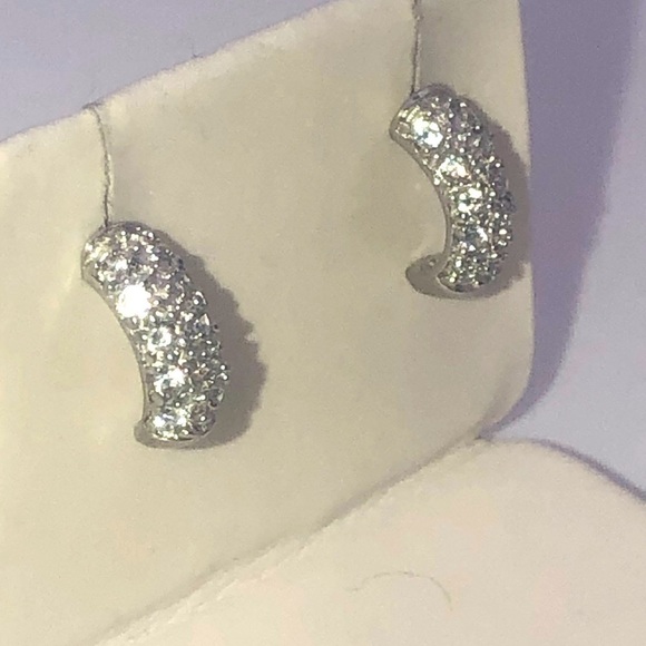 VTG Sterling Silver Curved Half Hoop Cz Stone Stud Earrings / .5” - Picture 1 of 7